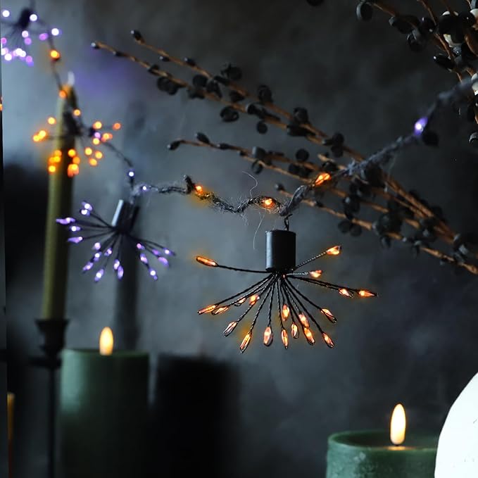 Halloween Lights Indoor Purple and Orange Fairy Lights 10 FT - 200 LEDs - 8 Clusters Fireworks with Remote Ideal Indoor and Outdoor Spooktacular Halloween Decorations