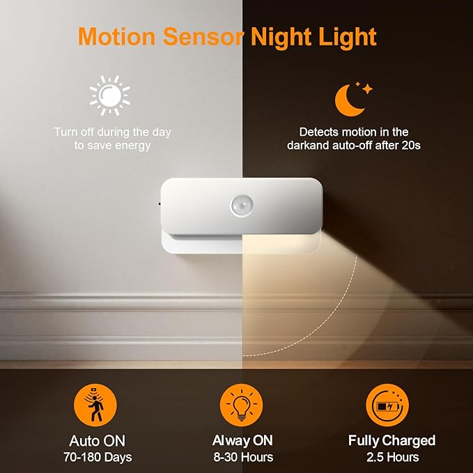 Rechargeable Motion Sensor Night Light 2-Pack,Stair Lights Indoor,Wireless Stick on Anywhere Hallway Lamp/Closet for Bathroom, Bedroom, Kitchen, Cabinet, Stairs, Hallway
