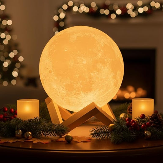 Mydethun 3D Moon Lamp, 9.6' Large Night Light with Wooden Base, Touch-Dimmable & Rechargeable, Gift for Mom, Bedroom, Home Décor, Dual-Color White/Warm Yellow