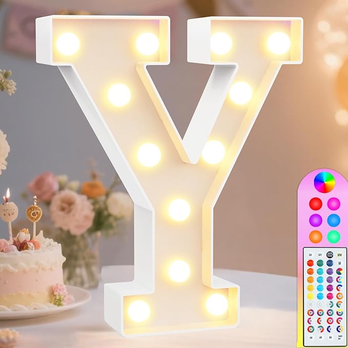 Pooqla Colorful Light Up Letters with Remote, Upgraded 35 Colors LED Marquee Letters, RGB Lighted Letter for Girls Teenager Gift, Birthday, Party, Wedding, Night Light, Room, Bedroom Decor, Letter Y