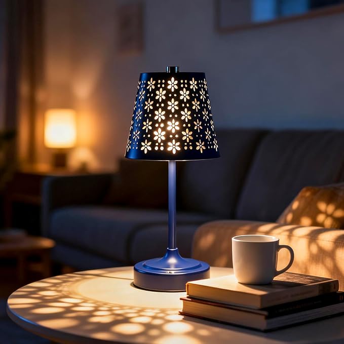 Rechargeable Cordless Table Lamp, Touch Control Battery Powered Bedside Lamp with Floral Cutout Shade, 3 Color Stepless Dimmable Decorative Nightstand Lamp for Bedroom (Navy Blue)