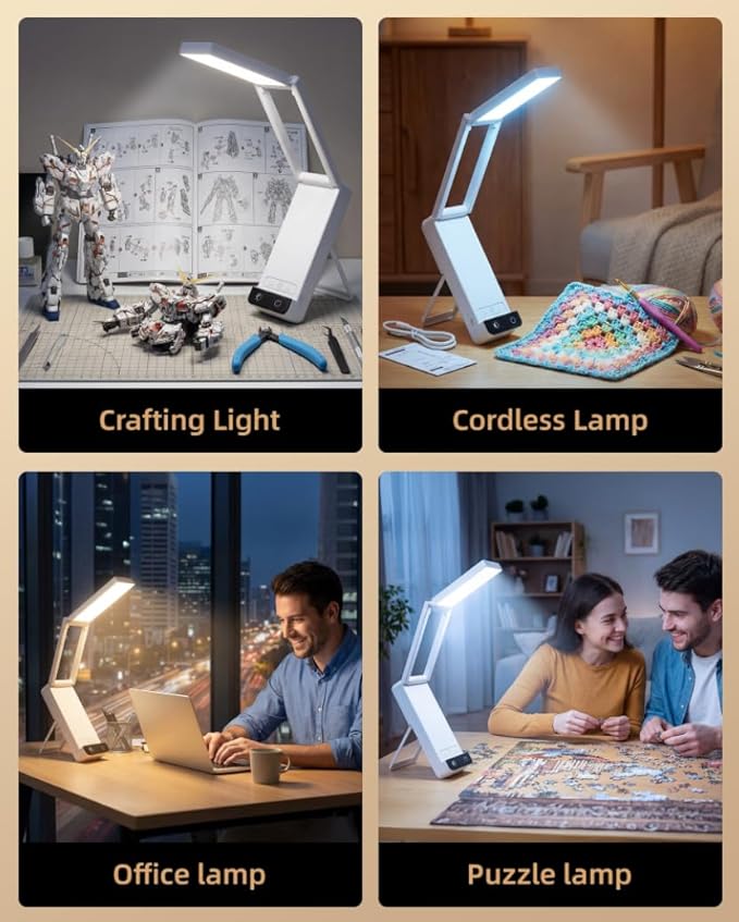 EZVALO Rechargeable Desk Lamp,6000mAh Battery Wireless Light,90Ra Cordless Table Lamp for Book Reading,Foldable Mini Lamp&Portable,3 Color Dimmable Small Light for Bed,Nail Light,Craft(White)