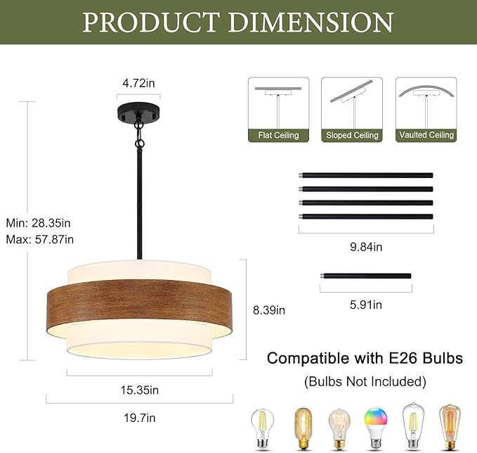 19.7'' Farmhouse Chandelier, 5-Light Drum Chandelier Round Pendant Light Fixture with Fabric Shade, Wood Grain Rustic Chandeliers for Dining Room Bedroom Living Room Foyer Entryway