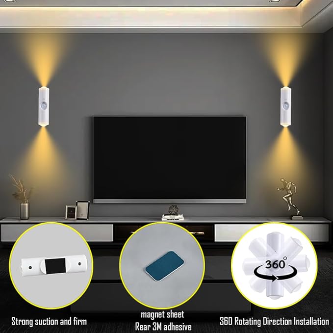 Portable Wall Mounted Night Light,USB Rechargeable Magnetic LED Wall Lamp,Motion Sensor Night Light,3-Color Battery-Powered Wall Lamp,for Hallways,Bedrooms,Bathroom,Living Room(White 2 pcs)