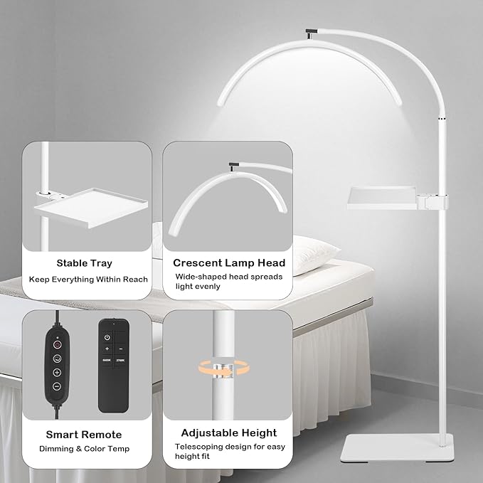 Half Moon Lash Light with Tool Tray for Eyelash Extensions & Estheticians, Dimmable LED Lash Lamp with Flexible Gooseneck, Shadow-Free Moon Light for Lash Tech, Tattoo, SPA, Eyelash Lamp (White)