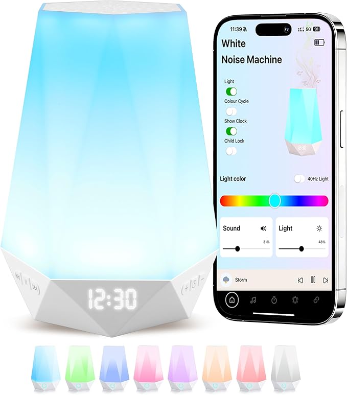Sleep Sound Machines，White Noise Machine for Baby Sleeping with Night Light, Portable Sound Machine with 32 Soothing Sounds, 8 Night Light Colors, Timer, App Remote Control, Personal Sleep Routine