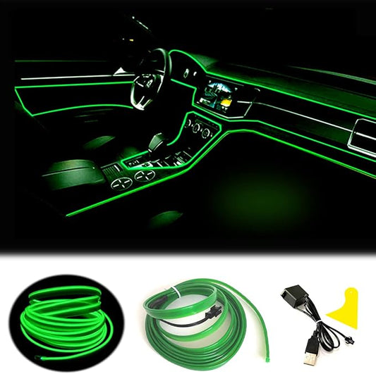 El Wire Green Interior Car LED Strip Lights, 10M Neon Wire USB 5V with Fuse Protection for Automotive Car Interior Decoration with 6mm Sewing Edge