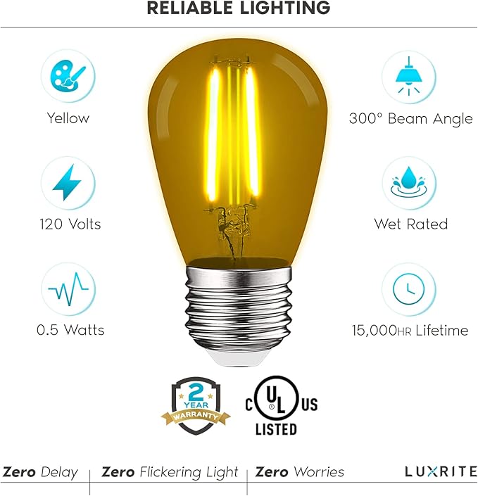 LUXRITE S14 Edison LED Yellow Light Bulbs, 0.5W, Colored LED Bulbs for Outdoor String Lights, UL Listed, E26 Base, Indoor Outdoor, Decoration, Party, Holiday, String Light Replacement Bulbs (6 Pack)