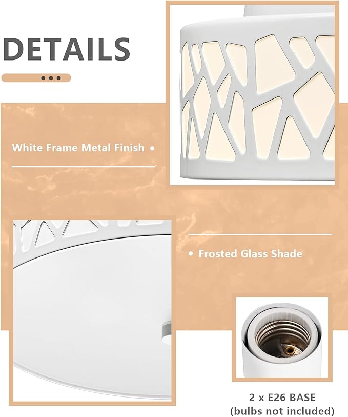 2-Light Flush Mount Ceiling Light, 12 inch Modern Close to Ceiling Light Fixture with White Metal and Frosted Glass Shade for Hallway, Kitchen, Bedroom(2 PK)