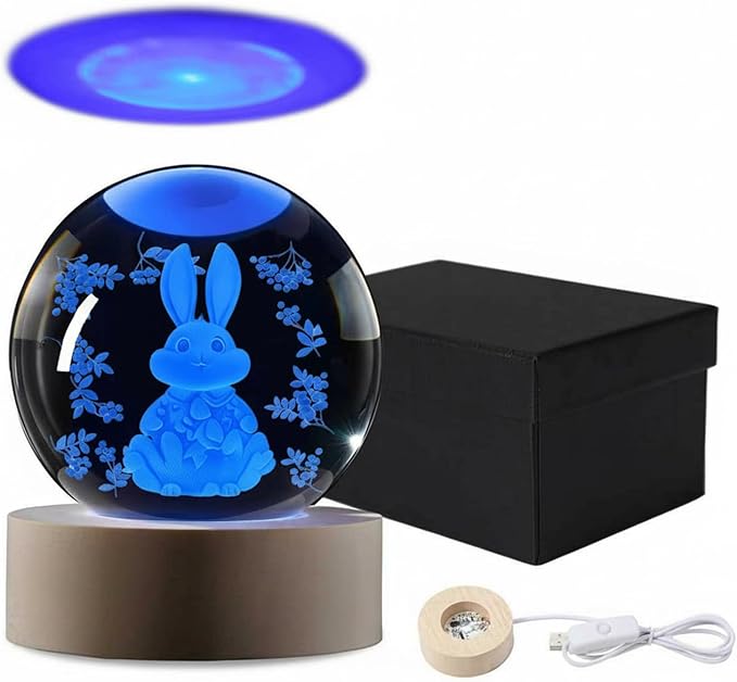 Easter Light up Bunny 3D Crystal Ball 60MM Rabbit Decor Sphere Figurine Collectibles Glass Art Animal Night Light for Kids