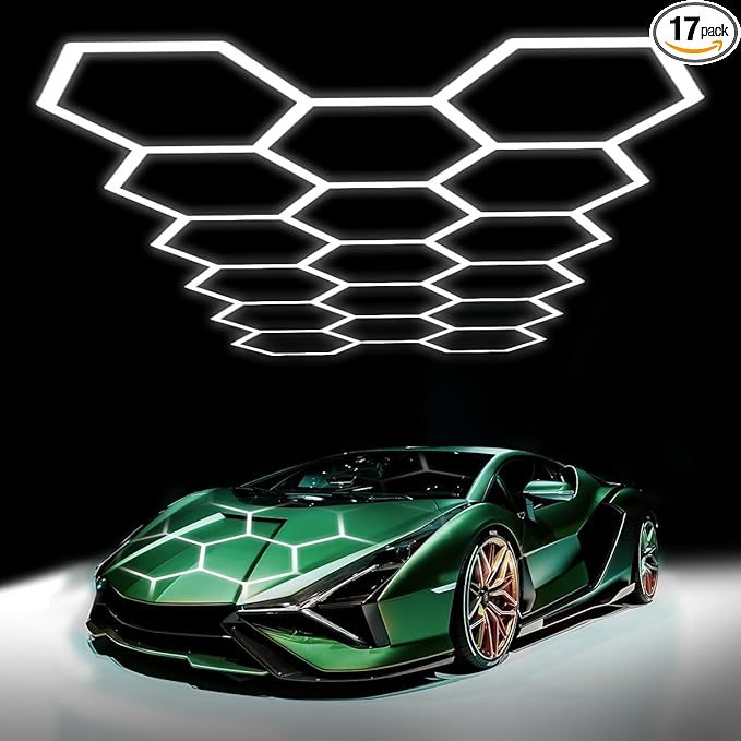 Hexagon Garage Lights: 68 Pack 17 Honeycomb Hexagon LED Light 6500K 60500LM 550W 5X2.4m Garage Lights Ceiling LED Wall Lighting for Gym Basement Warehouse Car Detailing Salon Workshop