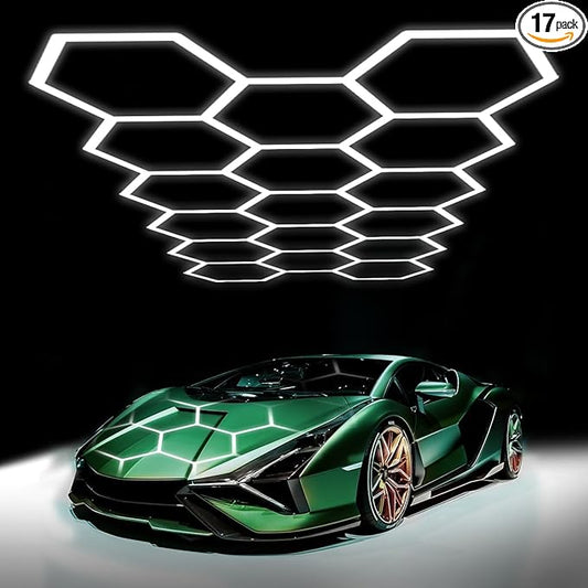 Hexagon Garage Lights: 68 Pack 17 Honeycomb Hexagon LED Light 6500K 60500LM 550W 5X2.4m Garage Lights Ceiling LED Wall Lighting for Gym Basement Warehouse Car Detailing Salon Workshop
