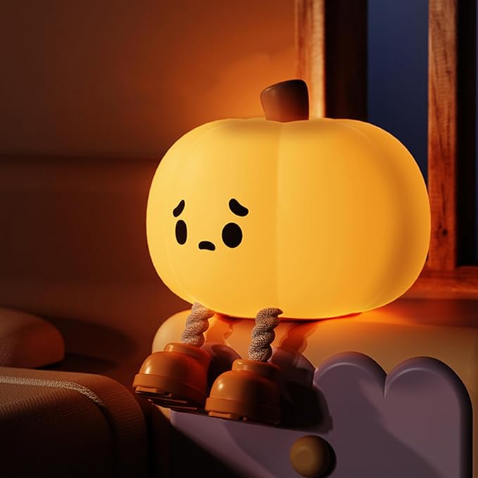 Pumpkin Night Light, Squishy LED Nursery Lamp with Timer, Rechargeable Silicone Nightlight for Kids, Dimmable Bedside Lantern for Baby Room & Easter Decor
