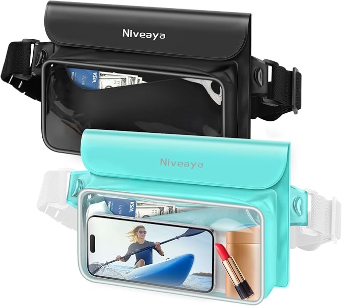 Niveaya IPX8 Waterproof Fanny Pack - 2 Pack, Floating Dry Bag Pouch, Phone Waterproof Waist Pouch Dry Bag, Beach, Kayaking, Swimming, Boat Essentials, for iPhone 17/16/15/14/13/12 Pro Max up to 9.5"