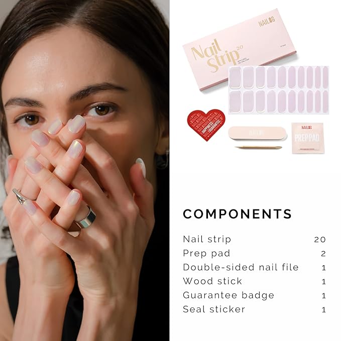 NAILOG Semi Cured Gel Nail Strips 20 Pcs | Buy 2 Get 1 UV Lamp | Extra Long Nail Wraps with Glossy Gel Finishing | Pink Moonlight