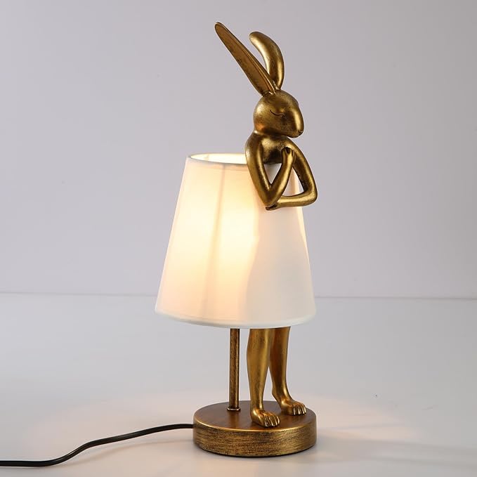 Bunny Table Lamp, Resin Animal Rabbit Lamp, LED Bunny Decor Lamp with Fabric Shade, Vintage-Style Component,Suitable for Office Study and Bedside (White H15.7)