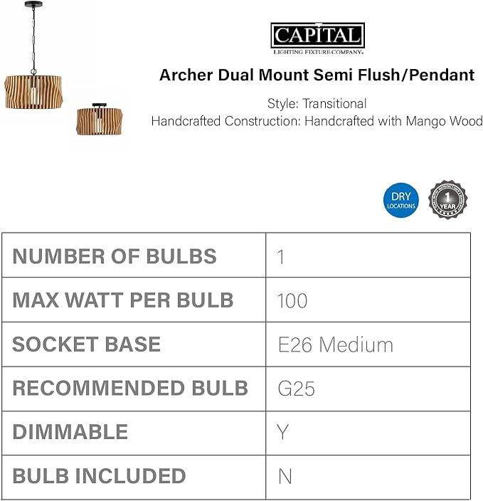 Capital Lighting 244632WK Archer Modern Artisan-Crafted Mango Wood Dual Mount Pendant/Semi Flush Ceiling Light, 1-Light 100 Watt, 11" H x 16" W, Light Wood and Matte Black