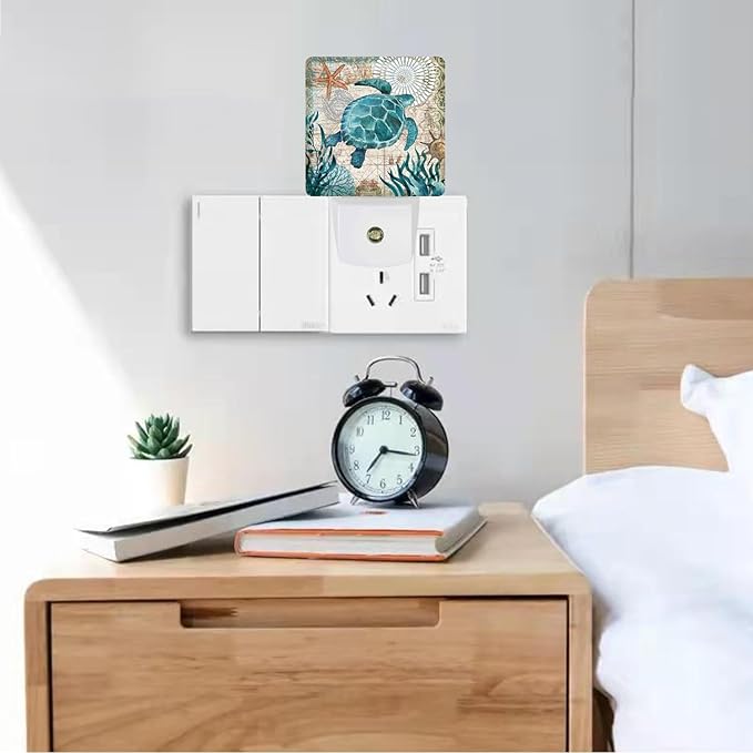 Vintage Ocean Turtle Plug-in LED Night Light,Starfish World Map Auto Dusk to Dawn Sensor Nightlights Plug into Wall,White Energy Efficient Night light for Bedroom,Bathroom,Kitchen,Stairs,Hallway