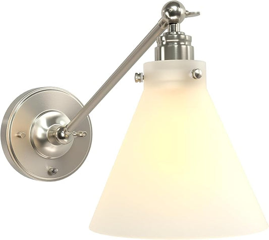Industrial Vintage Slope Pole Wall Mount Single Sconce with Funnel Flared Clear Glass Shade, Swing Arm Wall Sconce Light Lamp Fixture Hardwired