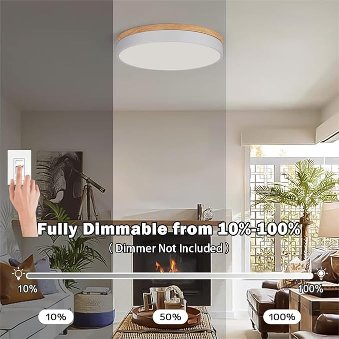 Dimmable Modern Wood Ceiling Light, White LED 5CCT 2700K-6000K Flush Mount Ceiling Lighting Fixture, Round Light Fixtures for Kitchen Living Room Dining Room Bedroom-15.8in
