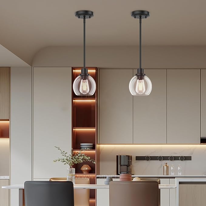 Ralbay Black Pendant Light Kitchen Island Industrial Pendant Light Fixtures with Globe Clear Glass Shade, Farmhouse Dining Room Hanging Lighting Fixture for Kitchen Island, Matte Black 2-Pack