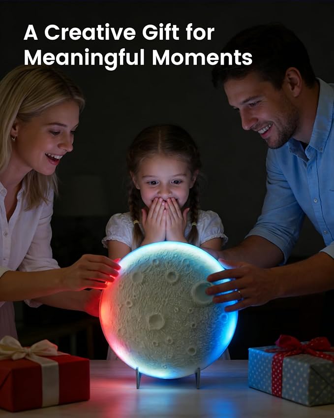 3D Moon Lamp – 3D Printed PLA Floating Moon, APP & Manual Control, RGB Music-Sync, Desktop & Wall-Mountable Night Light for Home, Kids, Party (Moon 11.6inches)