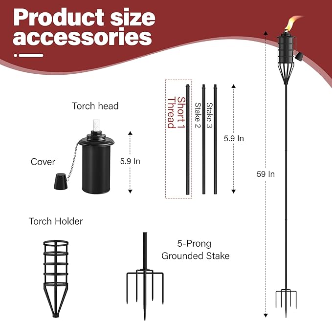 Home Garden Torch Set of 4，Large Capacity 22oz Outdoor Metal Torch Garden Décor，59.5 inch Upgraded Citronella Torches with 5-Prong Grounded Stake，Metal Torch Light for Party Patio Pathway