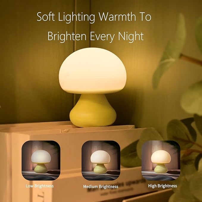 Vivilumens Mushroom Night Light for Kids 3 Level Dimmable Touch Control, Auto-Off Timer, Baby Safe BPA-Free Silicone, Portable Cordless Night Lamp Birthday Gifts for Nursery Bedroom Decor Travel