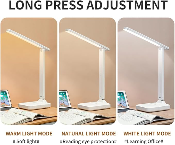 Rechargeable Desk Lamp, Small Desk Light with 3 Color Temperatures & Stepless Dimming, Battery Powered Table Lamp for Home Office, Eye-Caring Study Lamp with USB-C Charging Port (FOLD-688A)