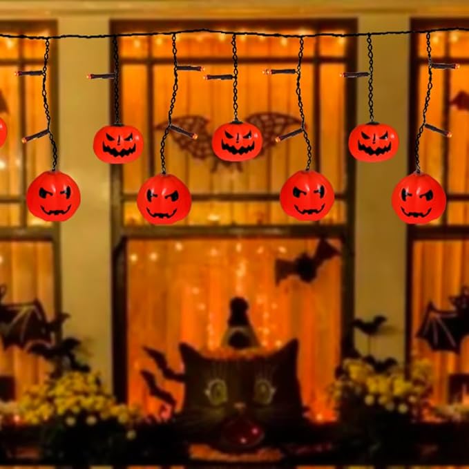 6FT 25LED Halloween Pumpkin Icicle Light, Decorative String Light with 10 Pumpkins, 8 Lighting Modes, Battery Operated, Indoor Outdoor Holiday