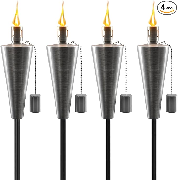 Matney Stainless Steel Torches for Outside - Outdoor Torches - Patio Garden & Yard Lights - 5 ft Oil Lamp for Citronella - Fiberglass Wick & Snuffer Cap - Set of 4 (Cone)