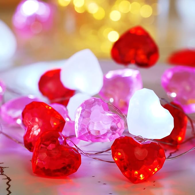 BOHON Valentine Day Decor 10 ft 30 LEDs 3D Heart Lights, Red White Pink Fairy String Lights with Remote Battery Operated, Valentines Decorations for The Home Bedroom Garland Wedding Indoor Timer