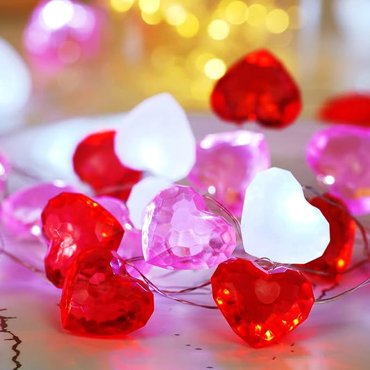 BOHON Valentine Day Decor 10 ft 30 LEDs 3D Heart Lights, Red White Pink Fairy String Lights with Remote Battery Operated, Valentines Decorations for The Home Bedroom Garland Wedding Indoor Timer