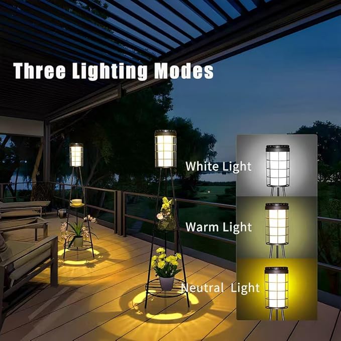2 Pack 45.3'' Outdoor Floor Lamp IP65 Waterproof with 2 Plant Stands - Solar Lights & Street Lights with Metal Tripod - Patio Decor for Garden, Yard, Pathway, Driveway, Porch