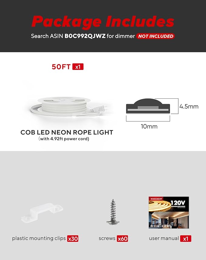 Shine Decor COB LED Rope Light AC 120V, 800lm Ultra Bright, IP65 Waterproof Cold-Resistant ETL Neon Strip, No Driver Tape Lighting for Home Commercial 10x4.5mm, 6000K Cool White, 50ft