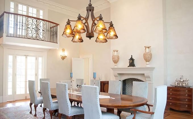 Vintage Farmhouse Chandelier, 27 Inch Adjustable Amber Glass Rust-Finish Metal Pendant Light Fixture for Living Room, Bedroom, Dining Room, Kitchen Lighting (6-Light)