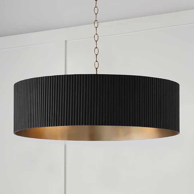 Capital Lighting 450741KR Donovan Mid-Century Modern Artisan Luxe Fluted Mango Wood Drum Chandelier, 4-Light 400 Total Watts, 11" H x 31" W, Black Stain and Matte Brass
