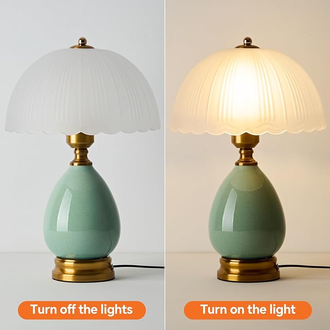 Ceramic Table lamp Set of 2, Modern Bedside Lamps Green Mid Century Vintage Desk Lamp Retro Glass Mushroom Traditional Lamp for Nightstand Living Room Bedroom Home Decor (S04GN-2PACK)