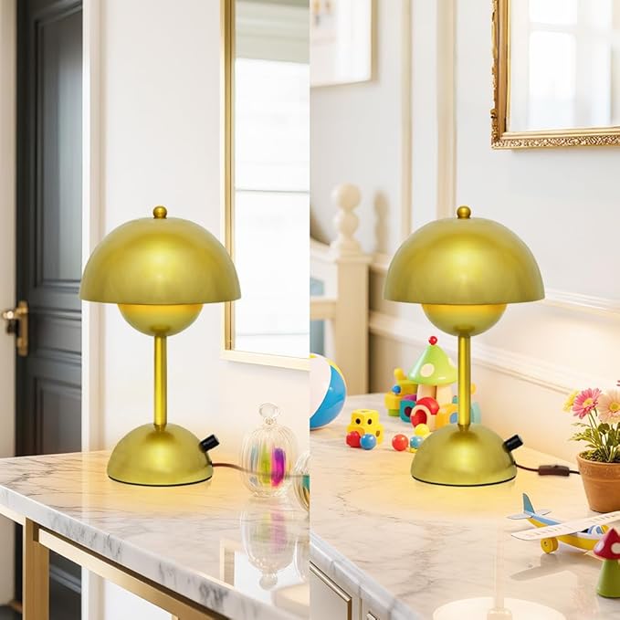 Mushroom Table Lamp with Golden Finish,Dimmable Desk Light with Rotary Knob for Bedroom Study Office Decor,30CM Adjustable Warm White Lighting,4W LED Minimalist Accent Lamp,E26 Bulb Included(G45)