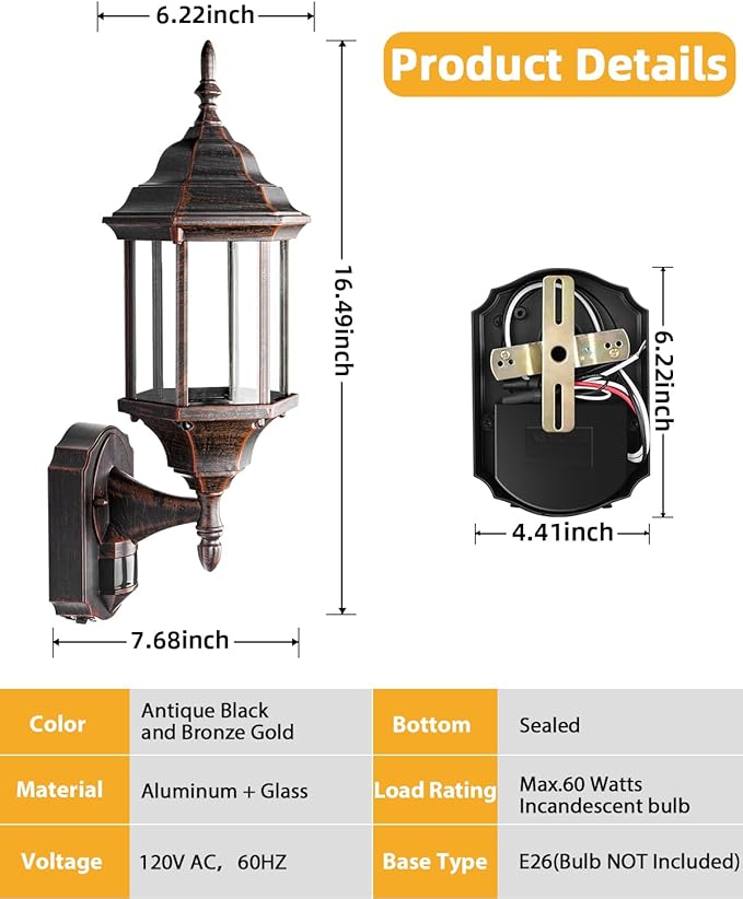 Redluck Motion Sensor Outdoor Lights, 2 Pack 16 inch Dusk to Dawn Outside Porch Lights, Waterproof Anti-Rust Aluminum Outdoor Wall Lights for House, Garage, Front Door, Antique Black and Bronze Gold