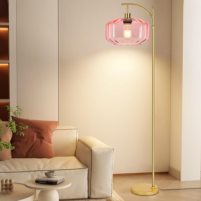 Vintage Floor Lamps for Living Room Glass Floor Lamp with Remote Control & 3 Color Temperature,Dimmable Floor Lamp Gold Mid Century Modern Standing Lamp Brass Tall Pink Floor Lamps for Bedroom Corner