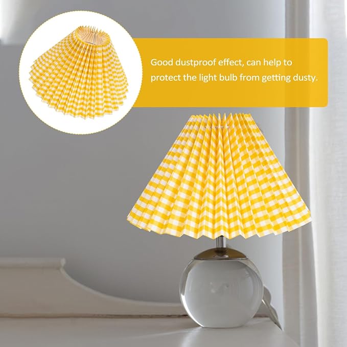 NUOBESTY Vintage Pleated Drum Lamp Shade Cover for Bedroom Table and Floor Lamps Yellow Gingham Cloth Fabric Easy Installation Replacement Lampshade for Home Hotel Study Socket Compatible