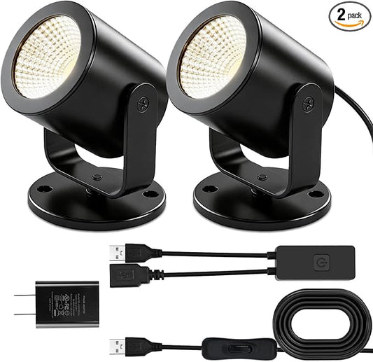 TAYSING LED Spotlight Indoor 5W USB Powered 360 Degree Rotating Mini Display Accent Light for Pictures Paintings Plants Shelves Cabinet Showcase, 2 Pack Neutral White 4000K