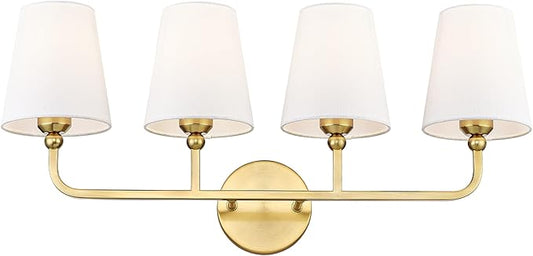 Bathroom Light Fixtures, 4 Light Brushed Gold Vanity Lights with Flared White Fabric Shade, 28 Inch Wall Sconce, Modern Sconces Wall Lighting for Hallway Bedroom, VL837-BG-4