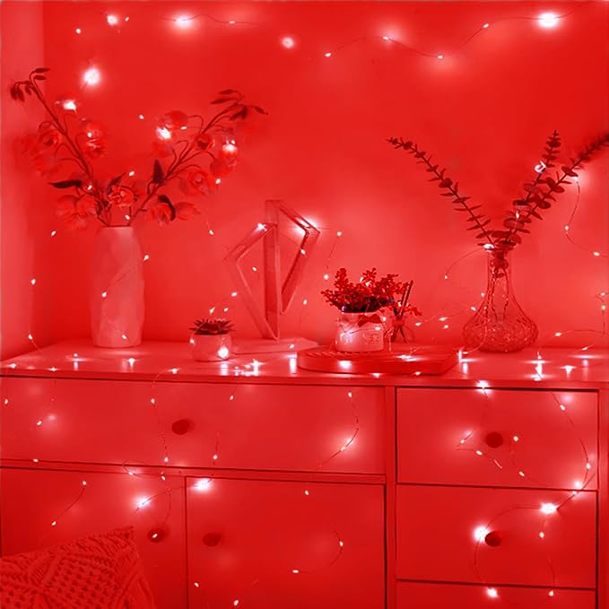Red Fairy Lights Battery Operated 3 Speed Modes 7Ft 20 LED Mini Christmas Tree String Waterproof Twinkle Firefly for Bedroom Thanksgiving Valentine's Decor