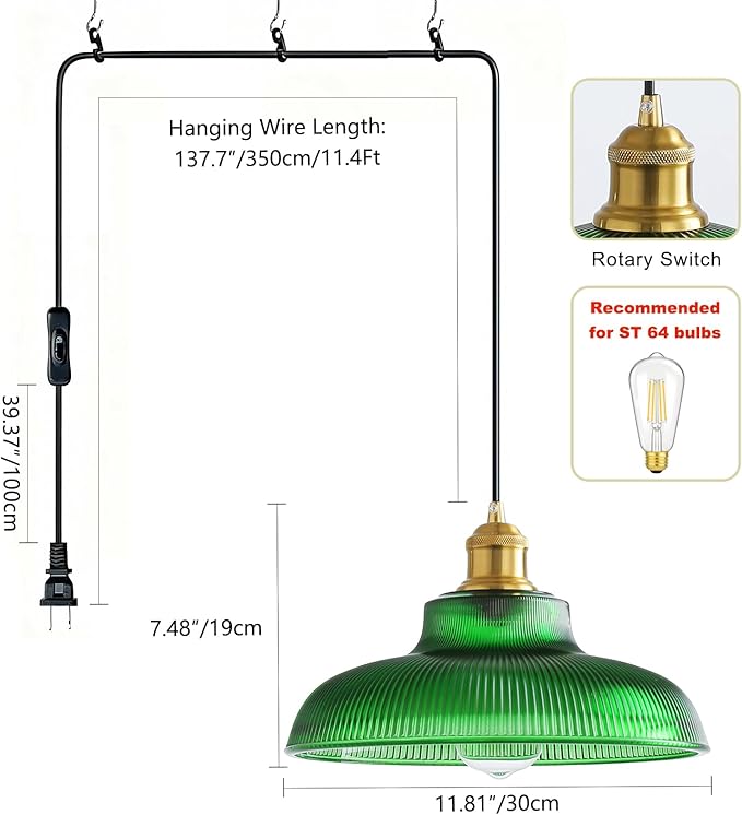 Plug in Pendant Light: Hanging Light Plug in Green Glass Hanging Lamp, Pendant Lighting for Kitchen Island, Bedroom, Dining Room, Living Room, No Bulb