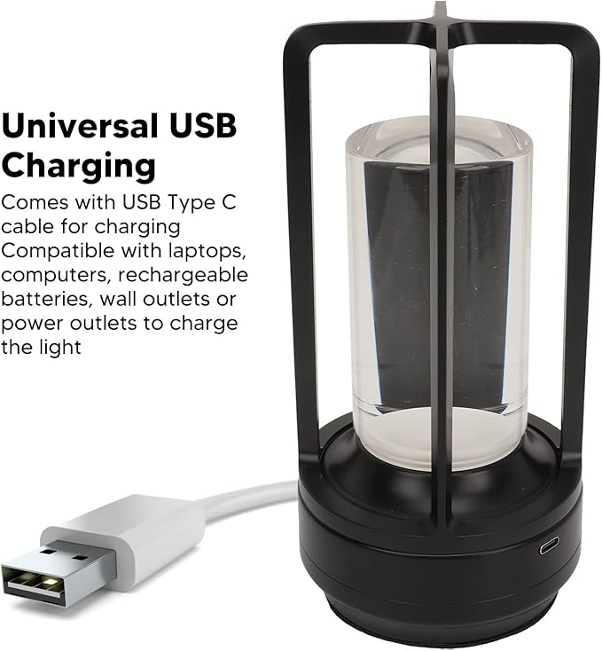 Cordless Table Lamp, Crystal Lampshade 3 Color Temperatures Touch Control USB Rechargeable LED Desk Lamp for Home (Black)