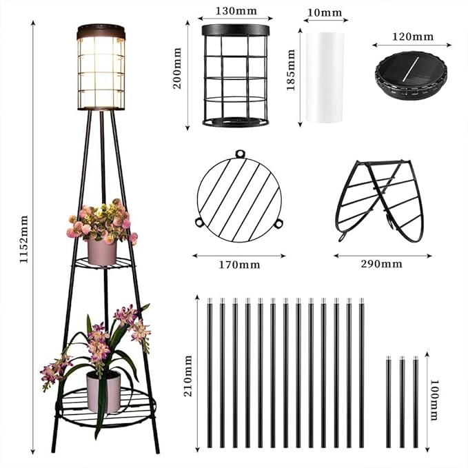 2 Pack 45.3'' Outdoor Floor Lamp IP65 Waterproof with 2 Plant Stands - Solar Lights & Street Lights with Metal Tripod - Patio Decor for Garden, Yard, Pathway, Driveway, Porch