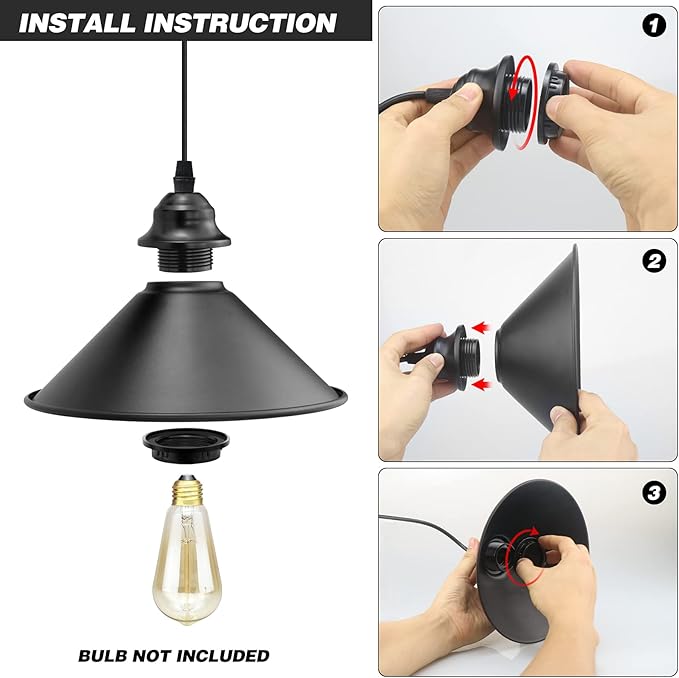 Plug in Pendant Light, Industrial Hanging Light with Plugin Cord On/Off Switch, Farmhouse Pendant Lights with Plug-in Cord, Vintage PendantLight Fixture, Hanging Lamps