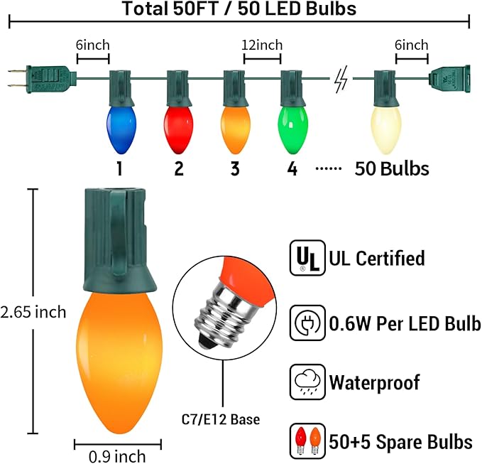 50FT C7 LED Multicolor Christmas Lights, Outdoor String Lights with 55 Multicolor LED Ceramic Bulbs(5 spare), Vintage Christmas Lights for Indoor Outdoor Xmas Tree Home Party Decorations, Green Wire
